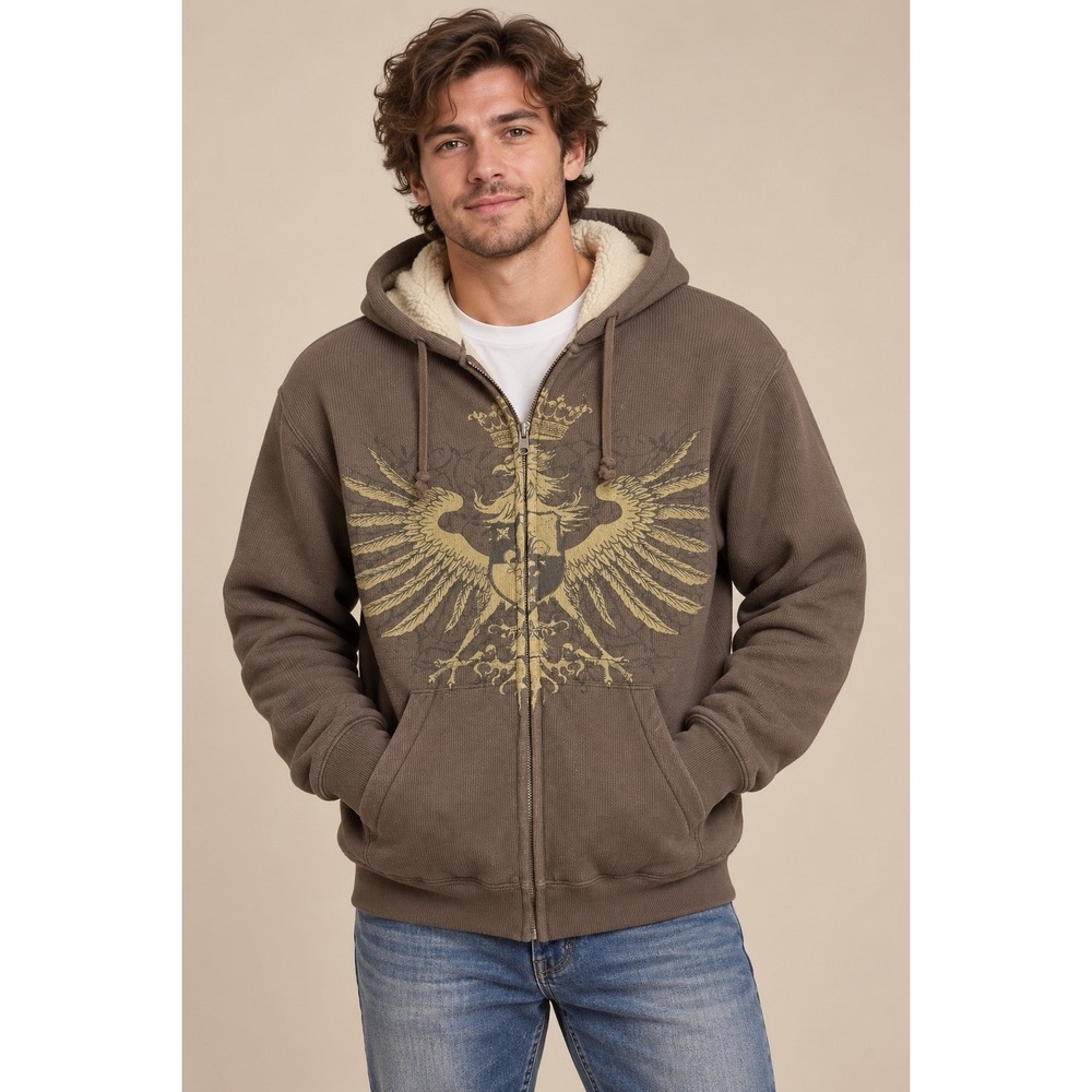 Machine Clothing Men L Brown Sherpa Lined Eagle Graphic Zip Hoodie Y2K Grunge